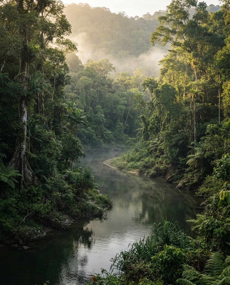River bend winding through rainforest in Ulu Entabai
