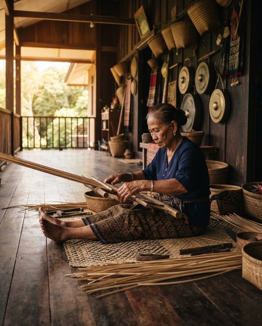 Woman weaving inside a traditional Iban longhouse