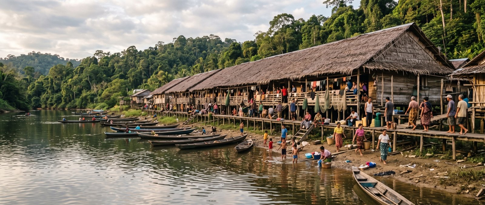 Longhouse community gathered by the river in Ulu Entabai