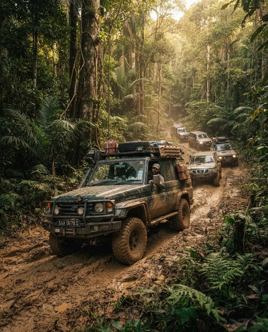 4x4 convoy on a jungle track in Ulu Entabai