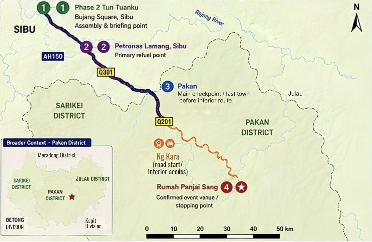 Route map: the convoy runs from Sibu through the Petronas Lamang refuel point on the AH150, down the Q301 to the Pakan checkpoint, then onto the Q201 and off-road at Ng Kara to Rumah Panjai Sang in Ulu Entabai.